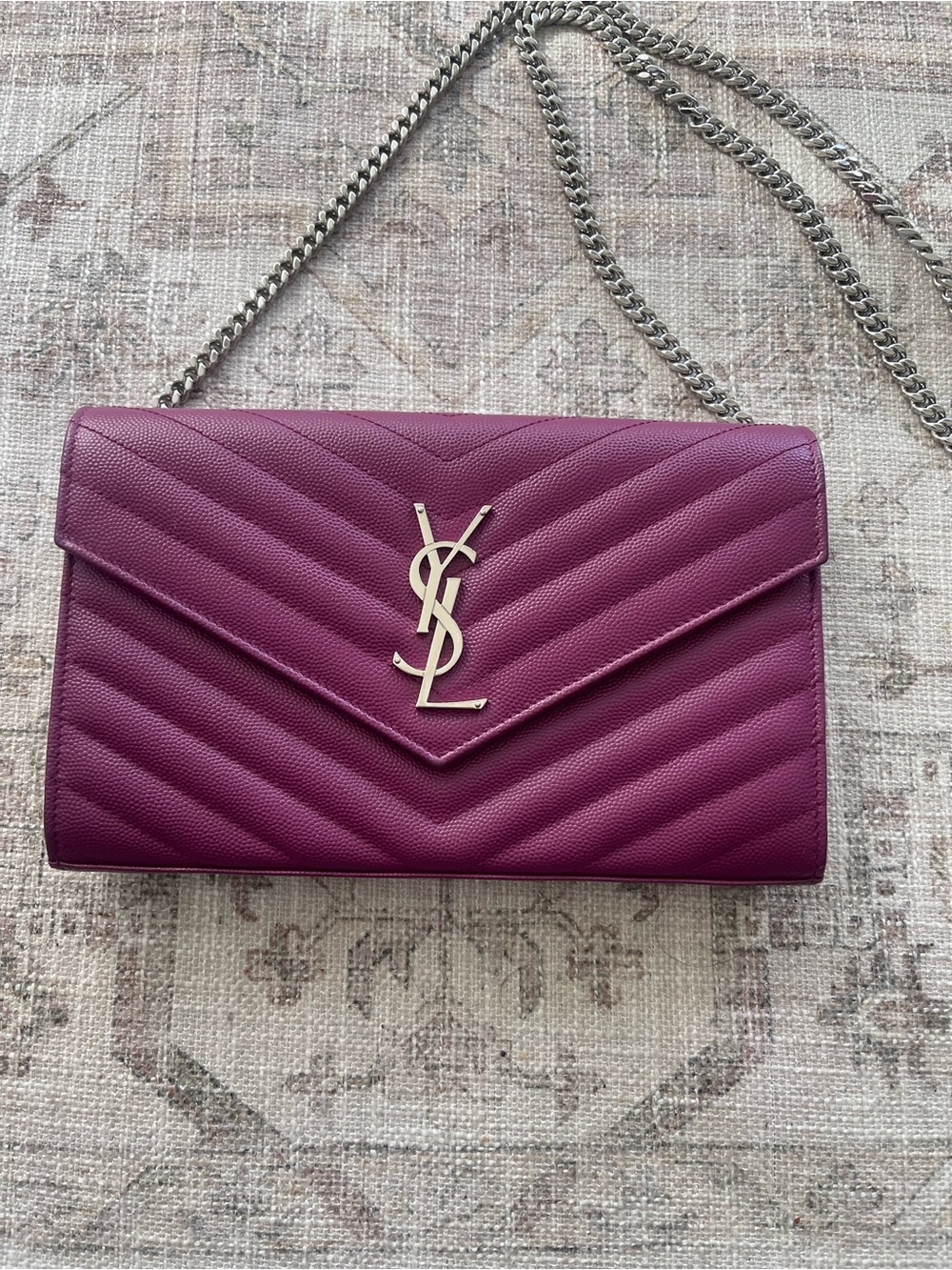 Saint Laurent Cassandre Envelop Matelasse Grain De Poudre Leather Chain Wallet